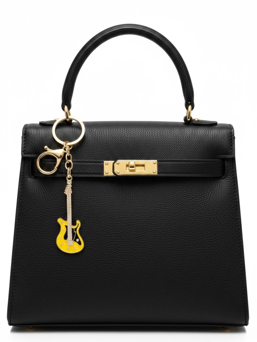 Yellow & Black Enamel Electric Guitar Rhinestone Gold Keychain 3.5" Bag Charm